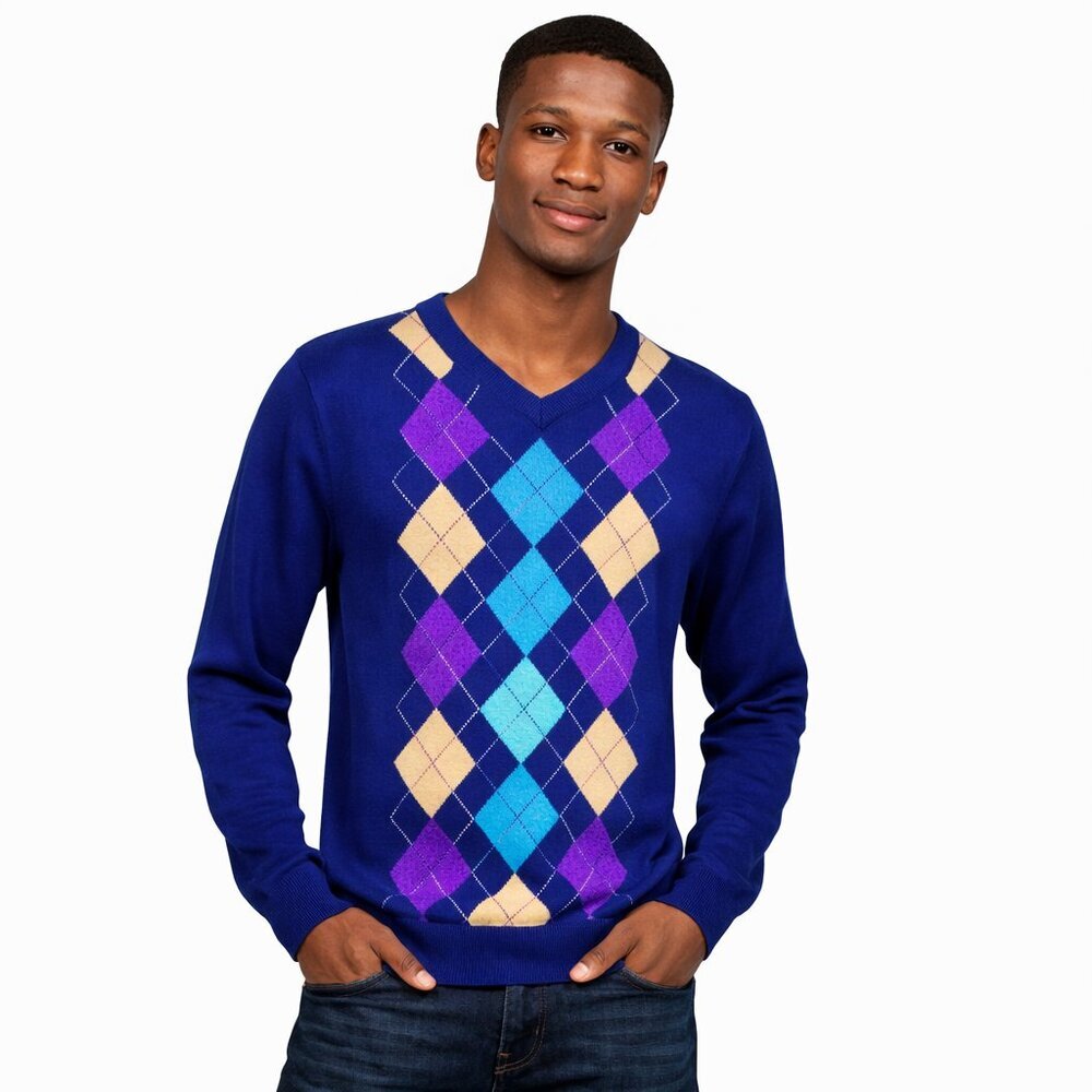 Men’s Royal Blue Argyle V-Neck Sweater | Purple & Teal Diamond Knit Pullover